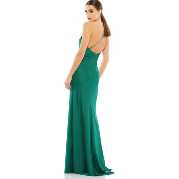 Mac Duggal Satin Maxi Dress Formal Prom Gown Size 8 Emerald Green One Shoulder - Picture 2 of 16